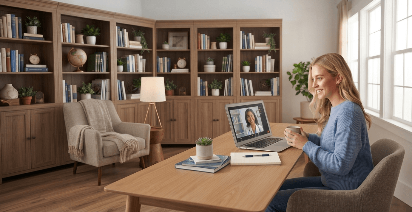 Woman speaking with a clinician virtually from home