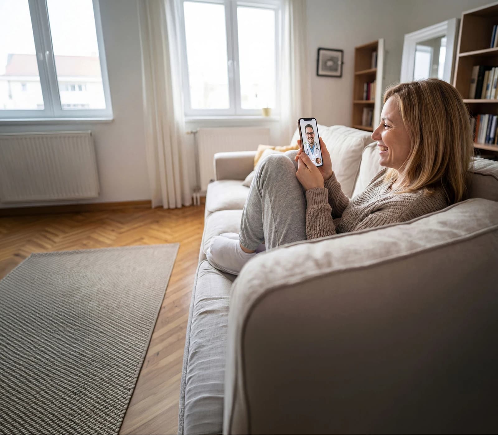 Woman speaking with a clinician virtually from home
